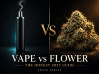 Vape vs flower comparison South Africa 2025 — discreet vape and cannabis bud on dark background