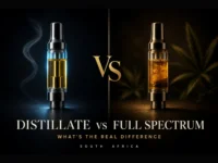 Distillate vs full spectrum vape carts — clear gold distillate oil next to amber full-spectrum oil