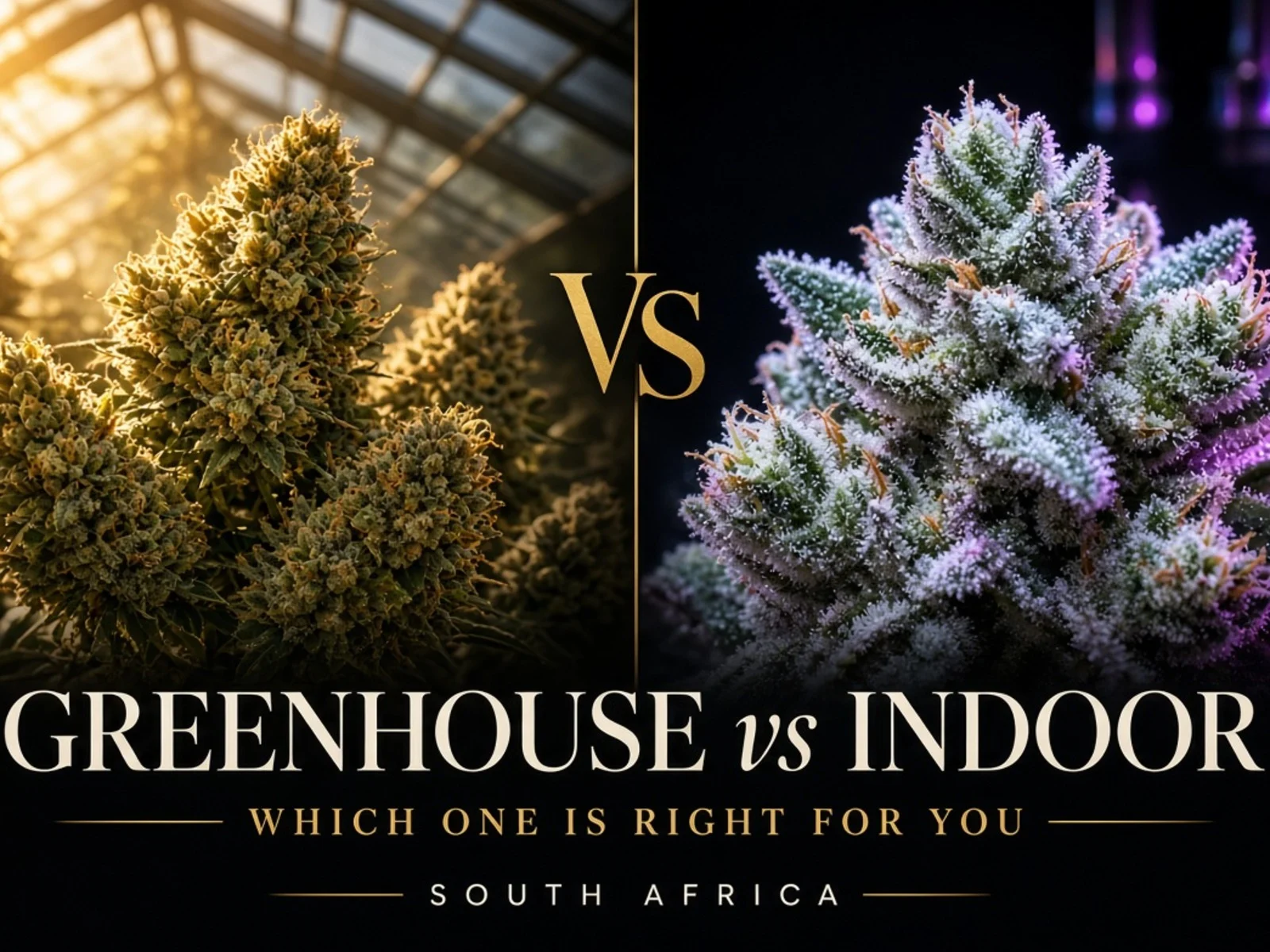 Greenhouse vs indoor cannabis flower South Africa — sun-grown cola beside indoor bud