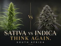 Sativa vs indica myth busted — cannabis buds with Think Again text, terpene-first guide
