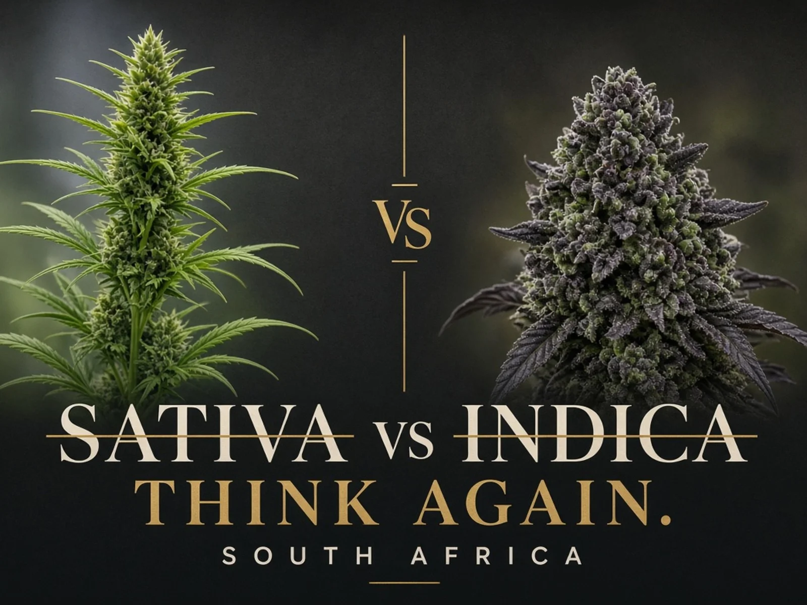 Sativa vs indica myth busted — cannabis buds with Think Again text, terpene-first guide