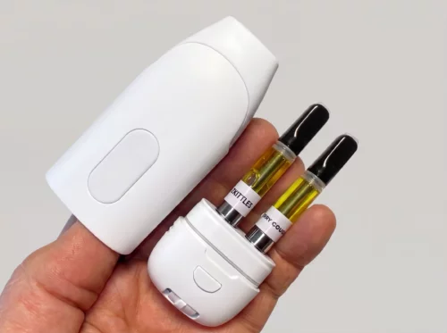 Switch battery held open in hand showing pocket-sized discreet dual cartridge design from Springbok Society