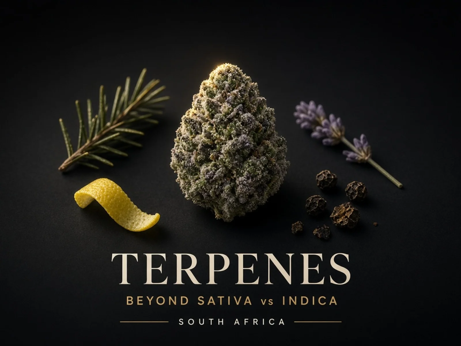 Cannabis terpenes beyond sativa vs indica — frosted bud with lemon pine lavender and pepper