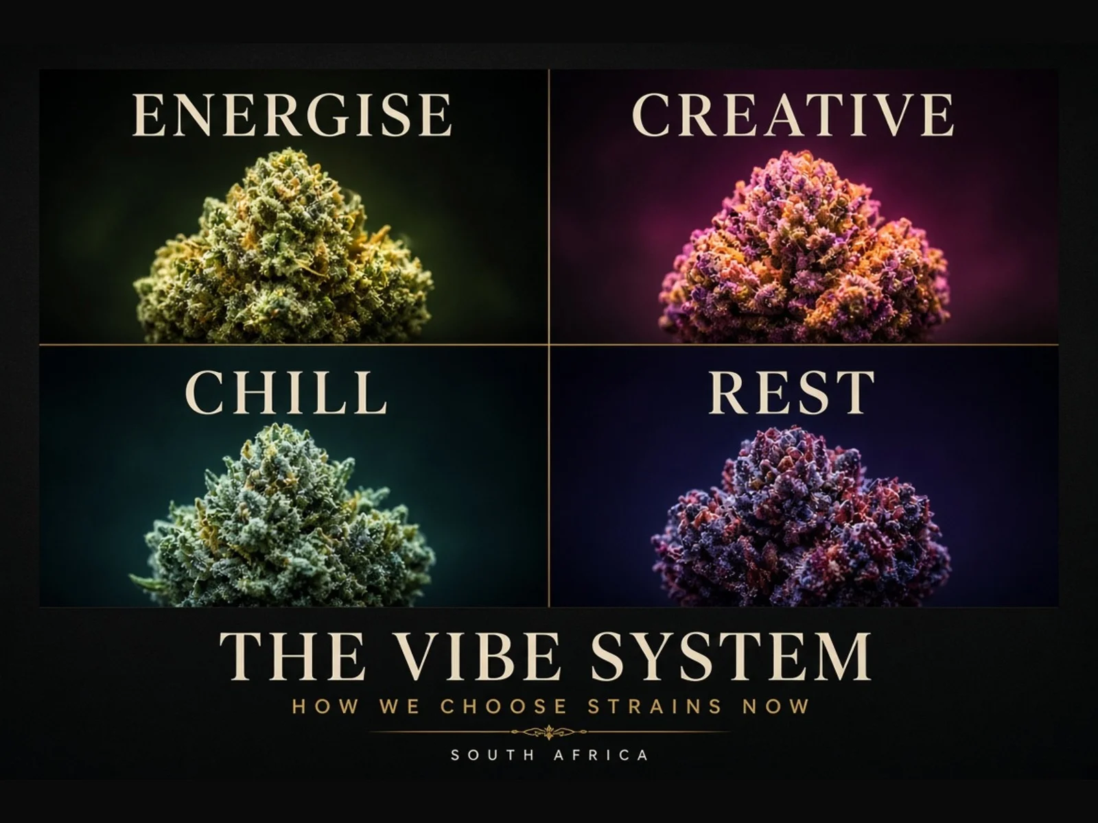 Springbok Society vibe system — Energise Creative Chill Rest cannabis strain guide South Africa