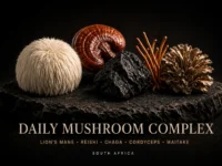 Daily mushroom complex — Lion’s Mane Reishi Chaga Cordyceps Maitake still life South Africa