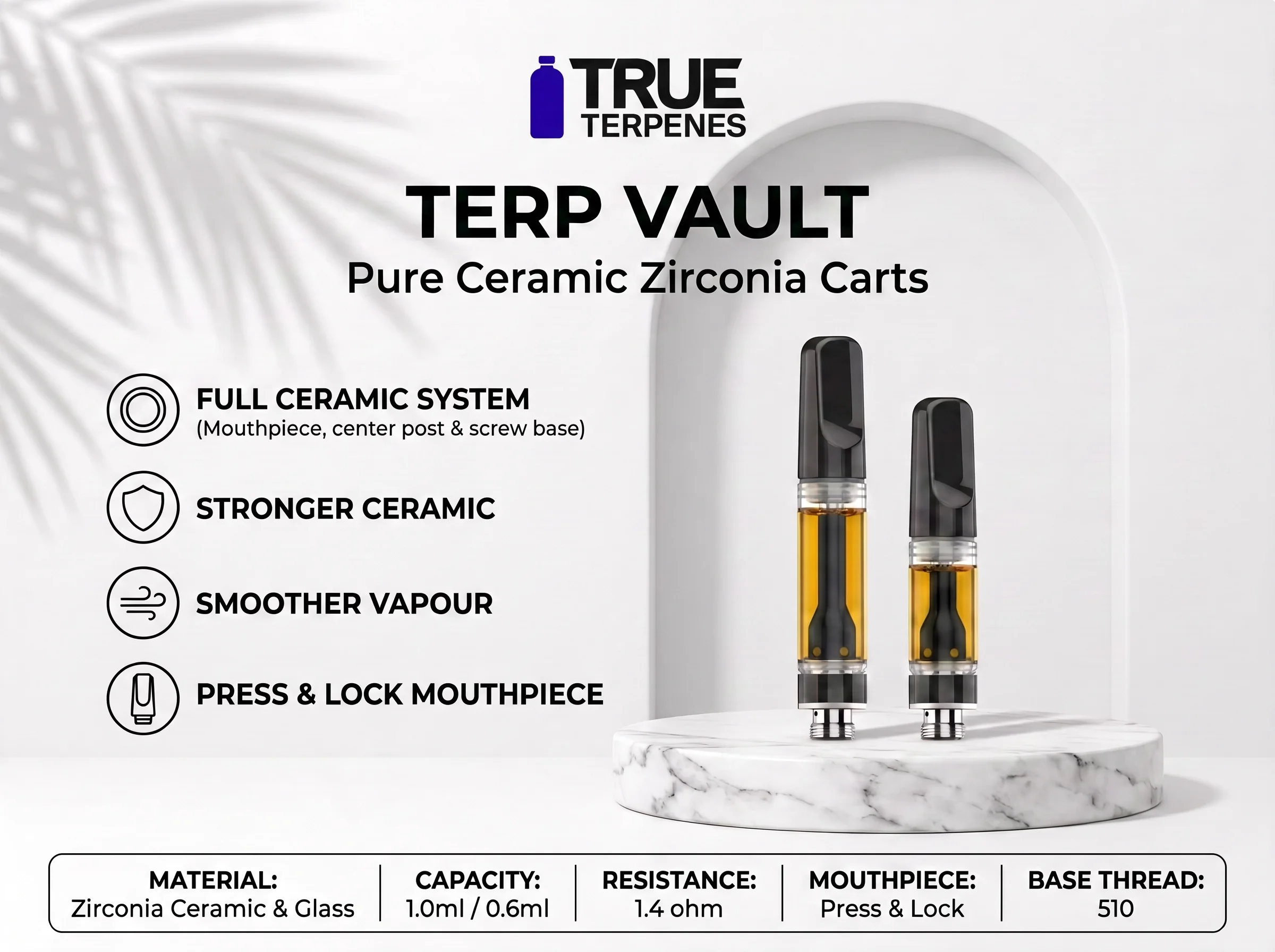 Terp Vault 0.5ml and 1ml 510 THC vape cartridges with ceramic zirconia features