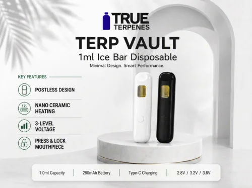 Terp Vault 1ml Ice Bar features – postless tank, preheat, voltage, Type-C